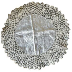 Handmade 20” Crochet Doily Tatting White Cotton Sateen Center French Country